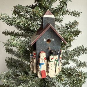 Vintage Christmas Ornament Snowman Family Church Painted Wood Primitive Country